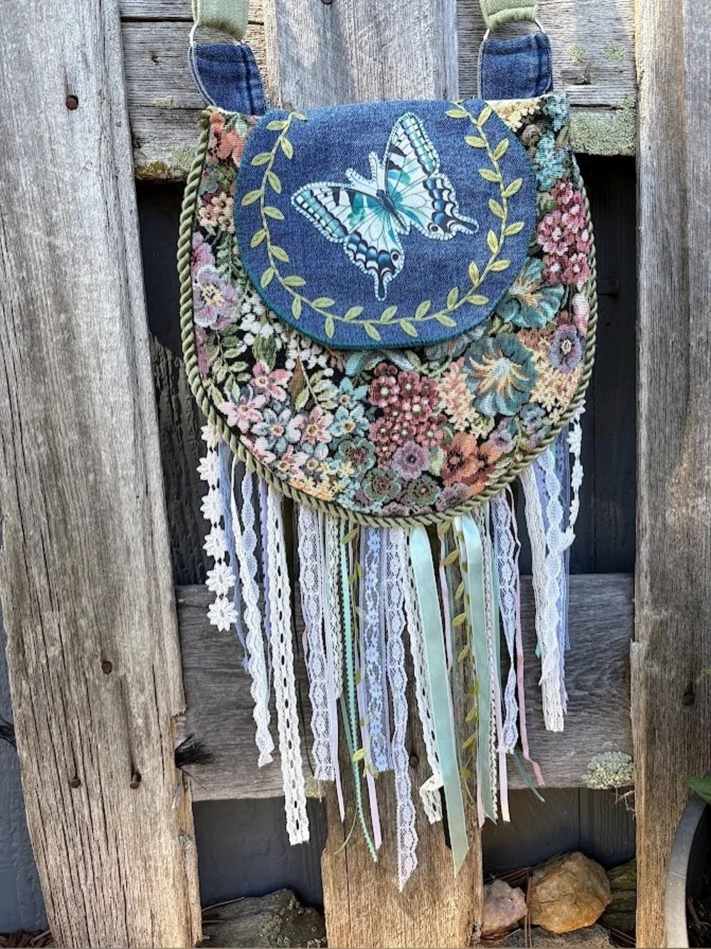 Denim Floral Tapestry Butterfly Fringe Purse